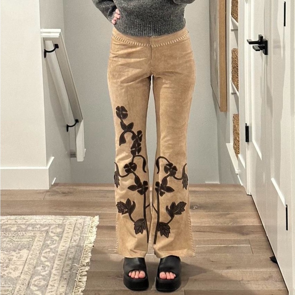Cache Tan and Brown Floral Boot Cut Pants